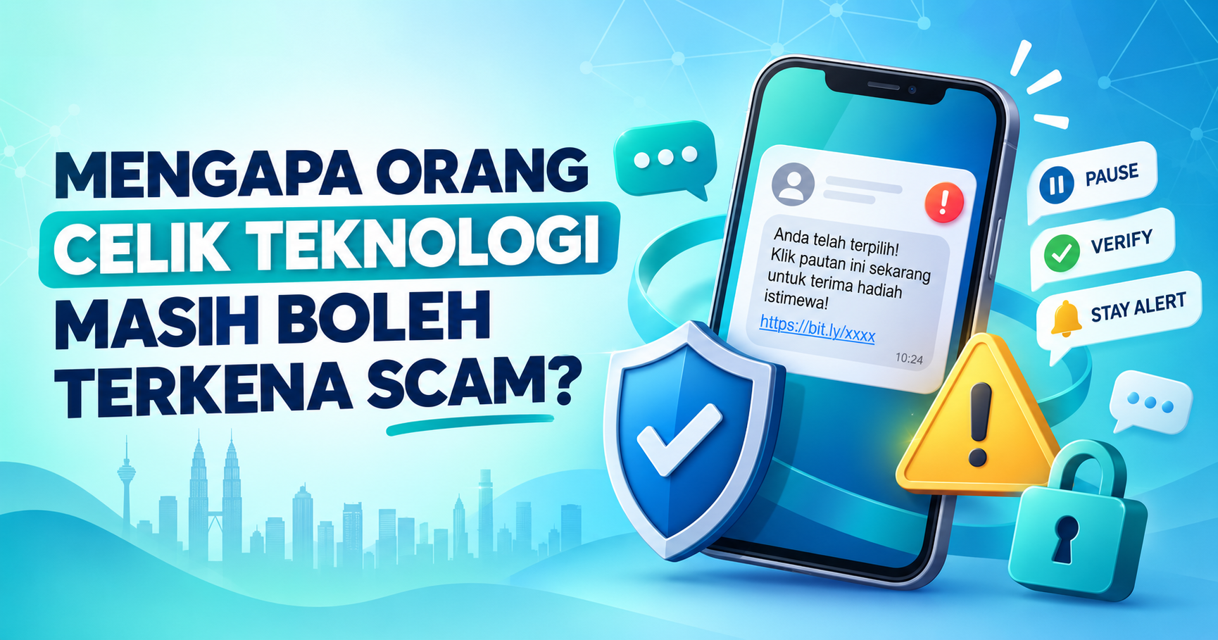 Ilustrasi telefon pintar dengan mesej mencurigakan dan simbol amaran scam