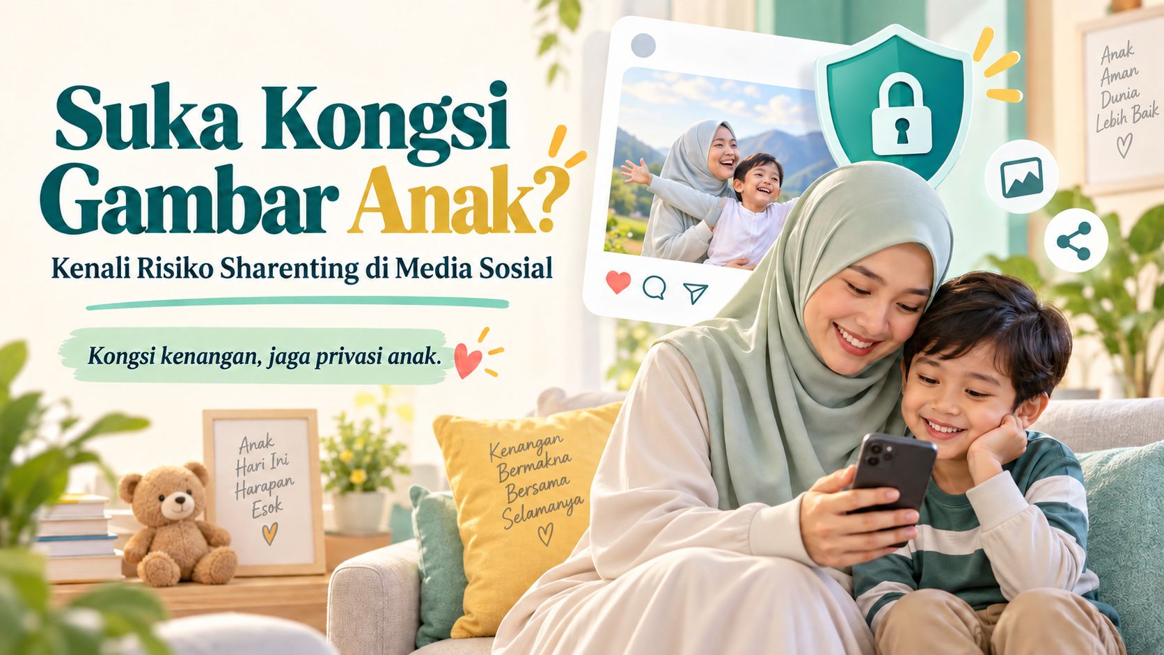 Ibu bertudung bersama anak melihat telefon pintar, dengan simbol kunci privasi dan mesej tentang risiko sharenting di media sosial.