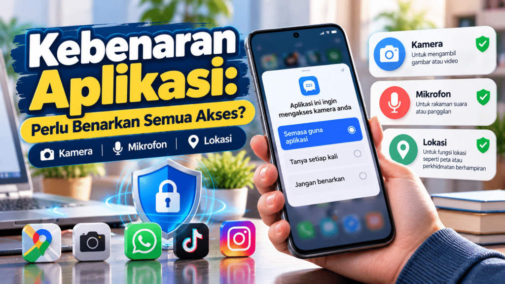 Paparan kebenaran aplikasi untuk akses kamera, lokasi dan mikrofon pada telefon pintar