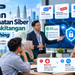 Latihan Keselamatan Siber untuk Kakitangan: Elak Phishing Ilustrasi latihan keselamatan siber untuk kakitangan mengenai ancaman phishing melalui e-mel, mesej dan panggilan palsu serta langkah Berhenti, Semak dan Lapor.