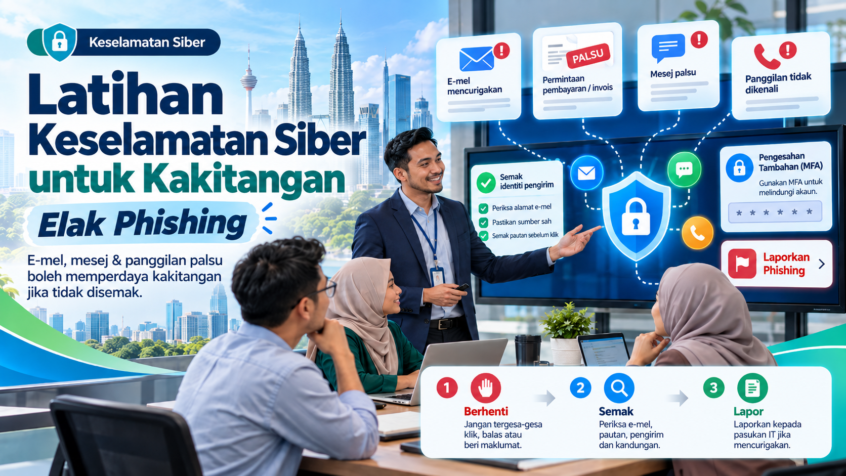 Ilustrasi latihan keselamatan siber untuk kakitangan mengenai ancaman phishing melalui e-mel, mesej dan panggilan palsu serta langkah Berhenti, Semak dan Lapor.