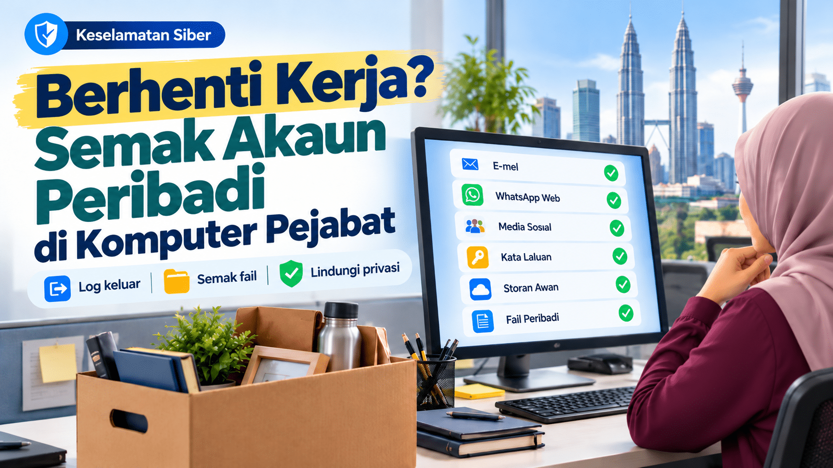 Kakitangan menyemak akaun peribadi pada komputer pejabat sebelum menyerahkan peralatan