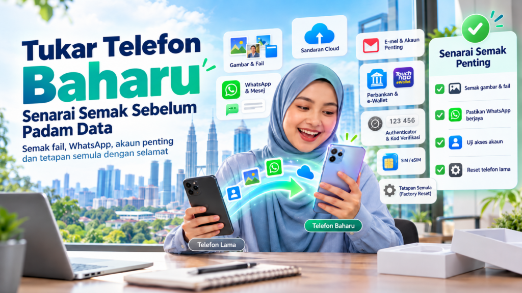 Wanita bertudung memindahkan data antara telefon lama dan baharu dengan senarai semak WhatsApp, gambar, akaun bank dan sandaran data sebelum reset telefon lama.