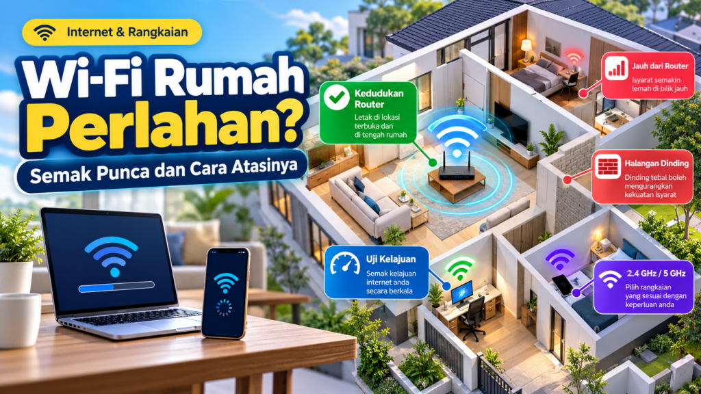 Ilustrasi rumah moden menunjukkan kedudukan router Wi-Fi, halangan dinding dan liputan isyarat internet di bilik berbeza yang boleh menyebabkan Wi-Fi rumah perlahan.