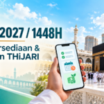 Haji 2027 / 1448H: Kos, Persediaan dan Panduan THiJARI Banner Haji 2027 / 1448H dengan Kaabah dan telefon pintar bagi panduan kos, persediaan serta THiJARI.