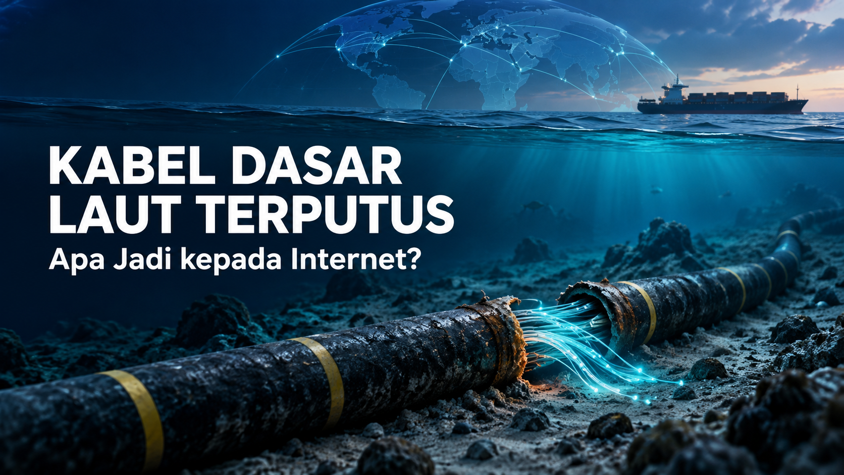 Ilustrasi kabel dasar laut terputus dan rangkaian internet antarabangsa