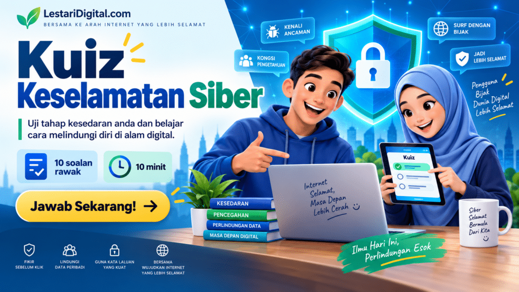 Banner Kuiz Keselamatan Siber LestariDigital dengan ilustrasi dua remaja, ikon keselamatan digital dan ajakan menjawab kuiz online