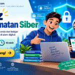 Banner Kuiz Keselamatan Siber LestariDigital dengan ilustrasi dua remaja, ikon keselamatan digital dan ajakan menjawab kuiz online