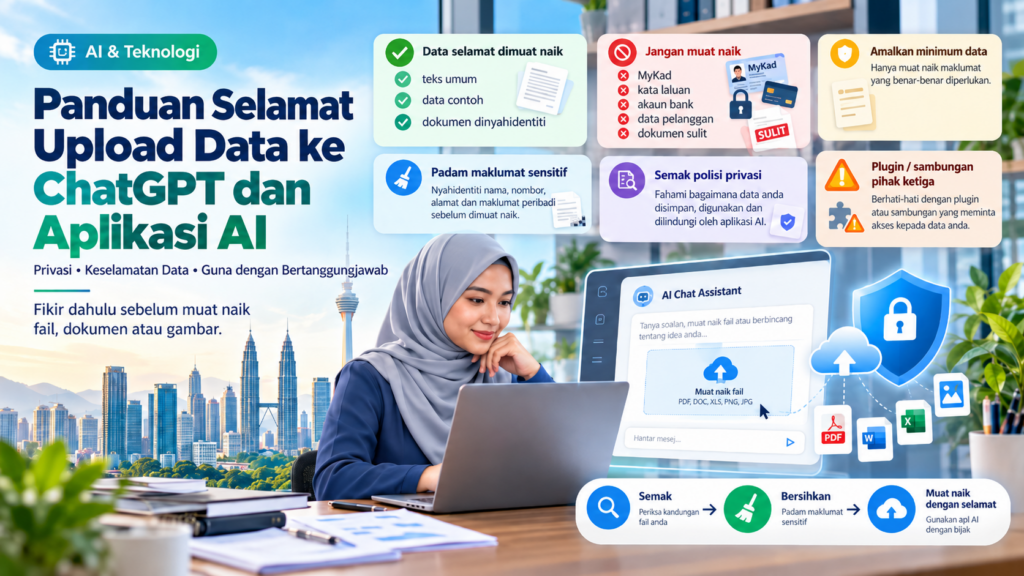 Ilustrasi panduan selamat upload data ke ChatGPT dan aplikasi AI, termasuk perlindungan privasi, semakan dokumen dan mengelakkan perkongsian maklumat sensitif.