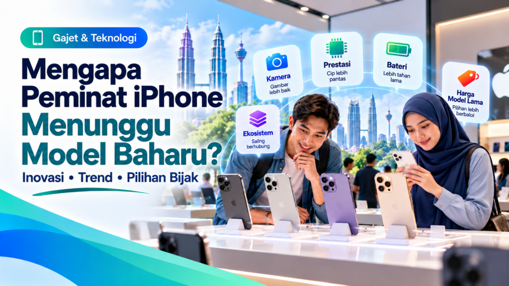 Ilustrasi peminat iPhone membandingkan model telefon Apple dengan ciri kamera, prestasi, bateri dan harga sebelum membeli model baharu.