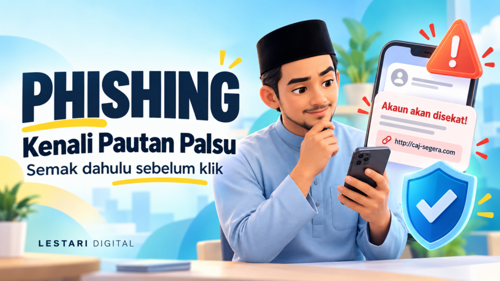 Ilustrasi lelaki menyemak mesej phishing pada telefon dengan amaran pautan palsu dan simbol perlindungan akaun.
