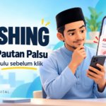 Ilustrasi lelaki menyemak mesej phishing pada telefon dengan amaran pautan palsu dan simbol perlindungan akaun.