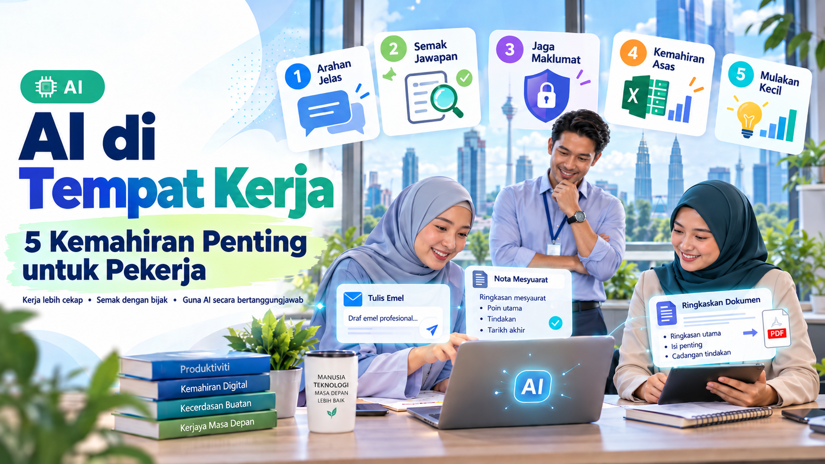 Ilustrasi penggunaan AI di tempat kerja dengan dua pekerja wanita bertudung dan seorang lelaki mempelajari lima kemahiran penting untuk meningkatkan produktiviti kerja.