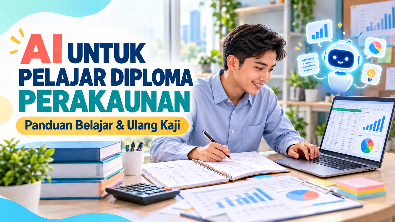 Pelajar lelaki Diploma Perakaunan menggunakan AI untuk belajar dan mengulang kaji