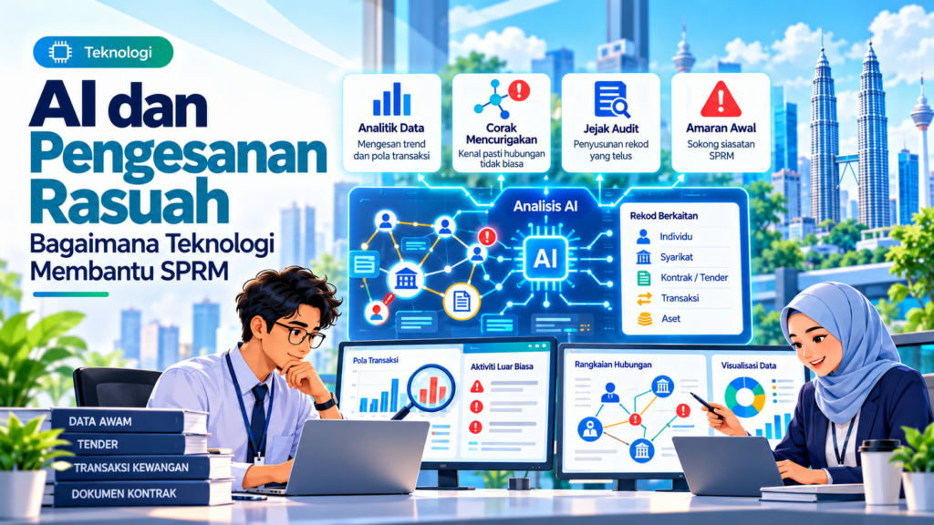 Ilustrasi penggunaan AI dalam pengesanan risiko rasuah oleh SPRM melalui analisis data, corak transaksi mencurigakan dan rangkaian hubungan.