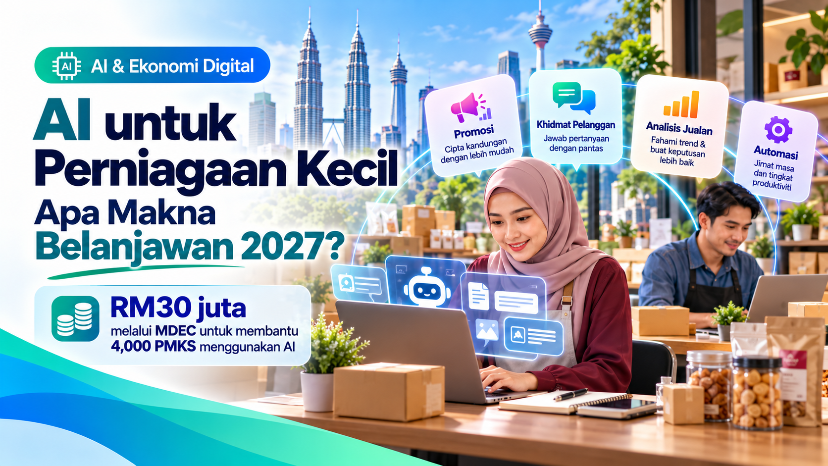 Ilustrasi usahawan perniagaan kecil menggunakan AI untuk pemasaran, khidmat pelanggan, analisis jualan dan automasi sempena Belanjawan 2027 Malaysia.