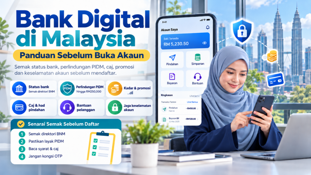 Ilustrasi dua wanita bertudung menggunakan perbankan digital di Malaysia melalui telefon pintar dan komputer riba, bersama senarai semak keselamatan sebelum membuka akaun bank digital.