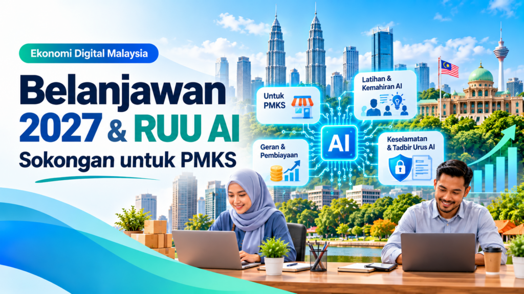 Ilustrasi Belanjawan 2027 dan RUU AI di Malaysia dengan sokongan pendigitalan PMKS, latihan kecerdasan buatan, pembiayaan dan keselamatan data.