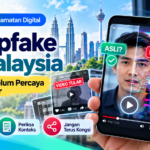 Ilustrasi deepfake di Malaysia yang memaparkan video wajah asli dan palsu hasil manipulasi AI serta panduan menyemak kesahihan video tular.