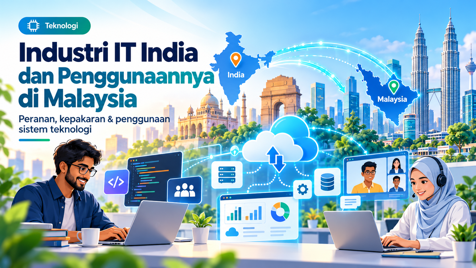 Ilustrasi industri IT India dan Malaysia yang menunjukkan kerjasama teknologi, pembangunan perisian, pengkomputeran awan dan sokongan sistem digital.