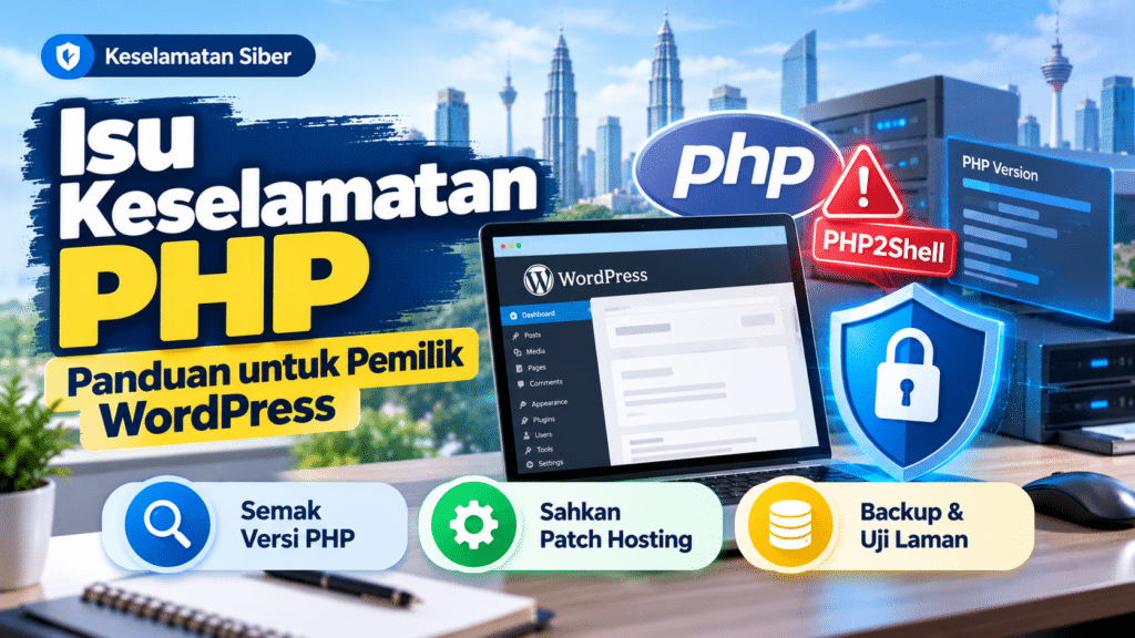 Ilustrasi isu keselamatan PHP pada laman WordPress dengan simbol amaran PHP2Shell, perlindungan sistem serta langkah semak versi PHP, patch hosting dan sandaran laman web.