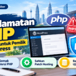 Isu Keselamatan PHP: Panduan untuk Pemilik WordPress Ilustrasi isu keselamatan PHP pada laman WordPress dengan simbol amaran PHP2Shell, perlindungan sistem serta langkah semak versi PHP, patch hosting dan sandaran laman web.