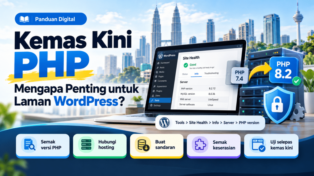 Ilustrasi kemas kini PHP untuk keselamatan laman WordPress, memaparkan papan pemuka Site Health, naik taraf versi PHP, pelayan web dan perlindungan sistem.