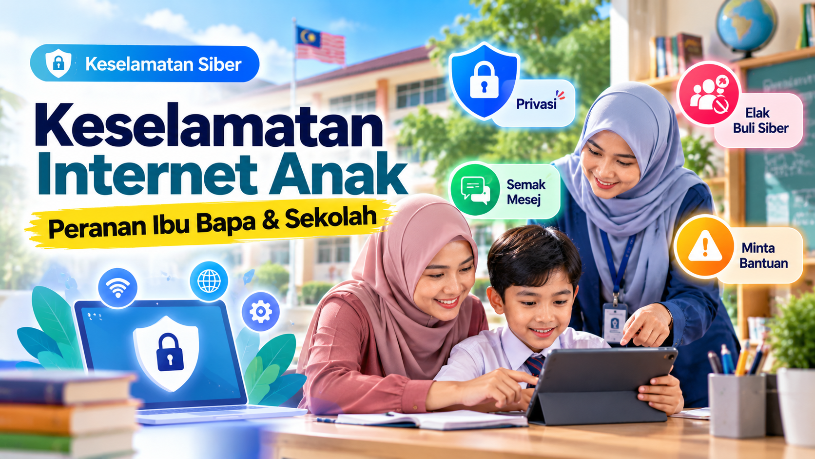 Ibu bapa membimbing anak menggunakan internet dengan selamat di rumah.