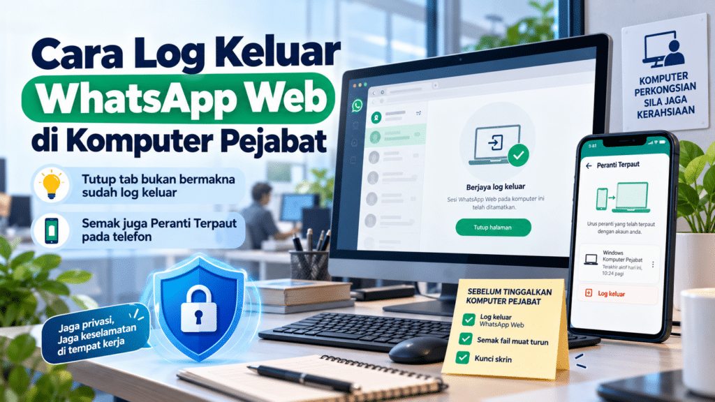 Pengguna menyemak peranti terpaut WhatsApp pada telefon untuk log keluar daripada komputer pejabat