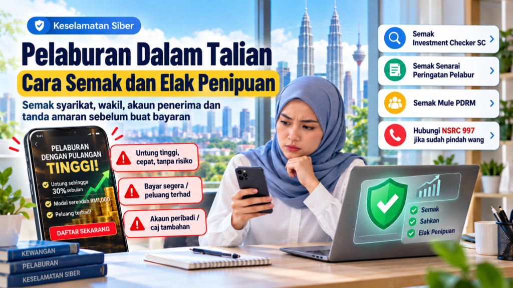 Ilustrasi wanita menyemak tawaran pelaburan dalam talian melalui telefon pintar bagi mengelakkan penipuan pelaburan dan melindungi wang simpanan.