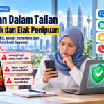 Ilustrasi wanita menyemak tawaran pelaburan dalam talian melalui telefon pintar bagi mengelakkan penipuan pelaburan dan melindungi wang simpanan.