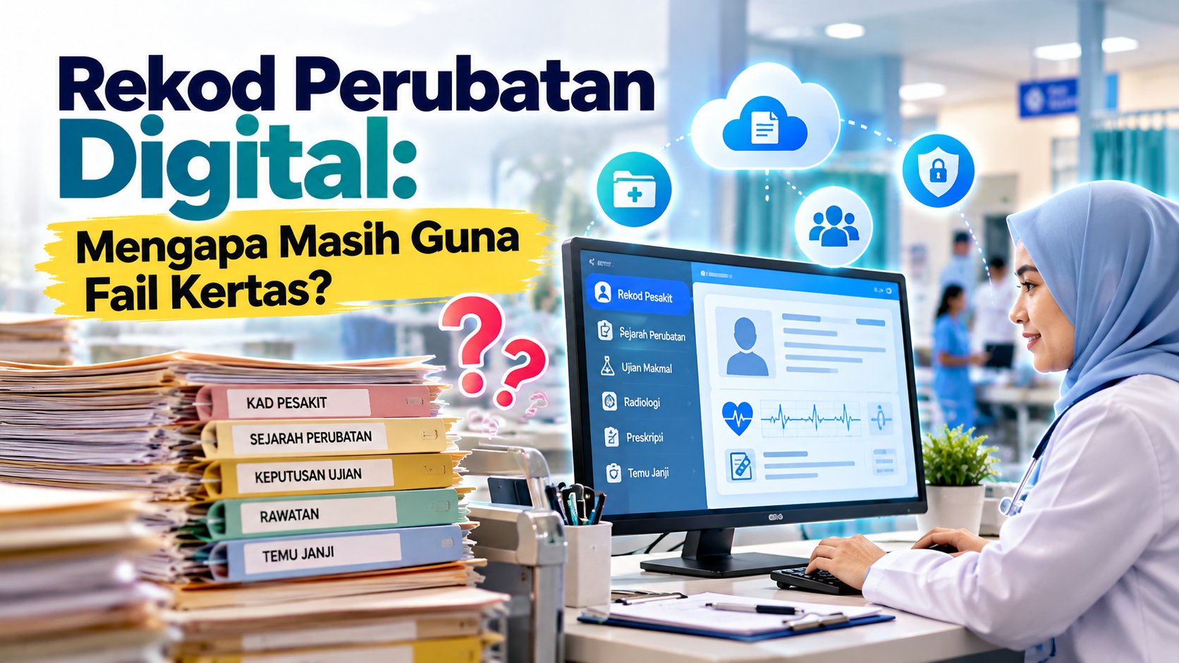 Ilustrasi fail pesakit di sebelah komputer dan tablet yang memaparkan rekod perubatan digital di hospital.
