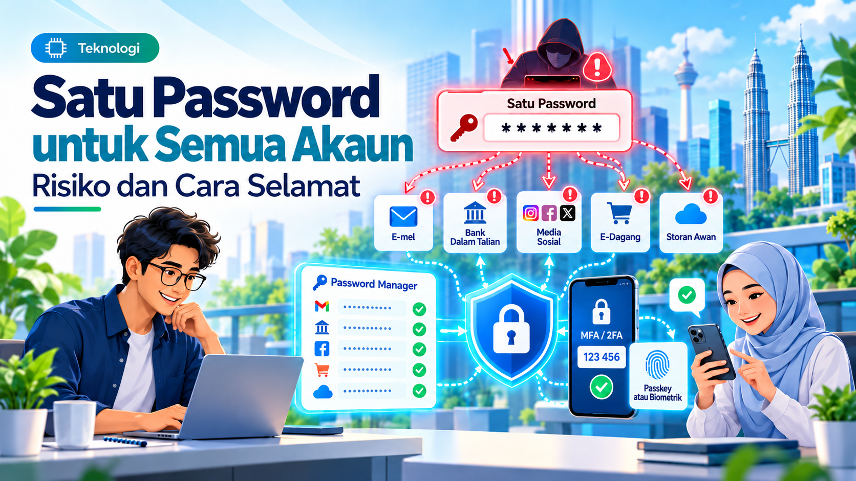 Ilustrasi risiko menggunakan satu password untuk semua akaun digital serta cara melindungi akaun dengan password manager, MFA dan kata laluan berbeza.