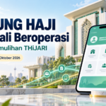 Ilustrasi pemulihan perkhidmatan Tabung Haji dengan telefon pintar dan simbol keselamatan digital.