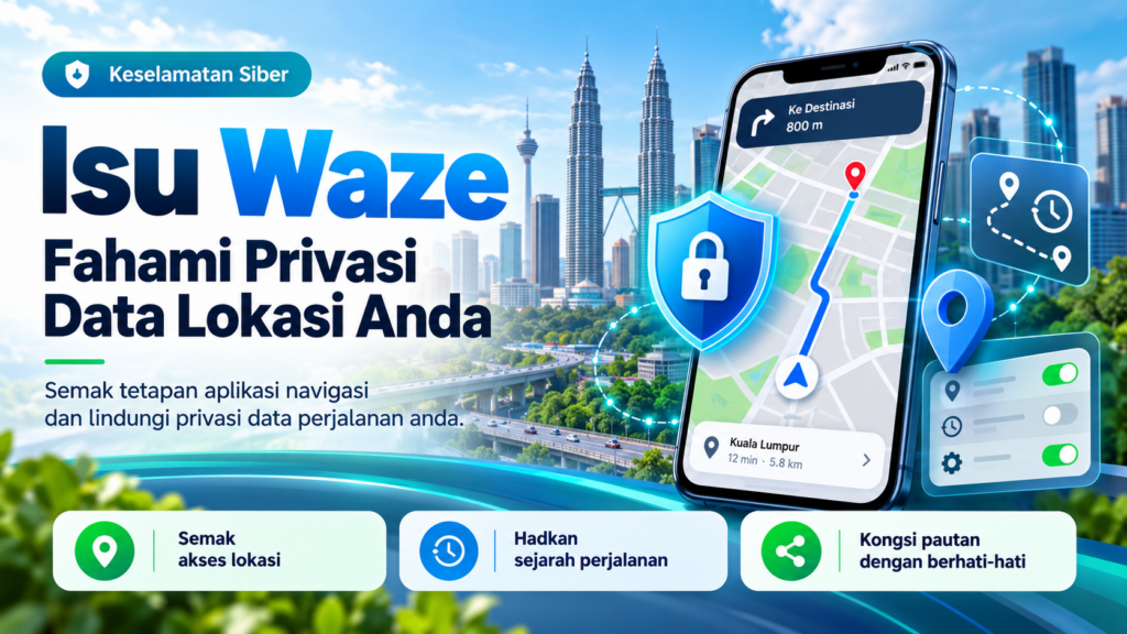Ilustrasi aplikasi navigasi pada telefon dan perlindungan privasi data lokasi