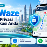 Ilustrasi aplikasi navigasi pada telefon dan perlindungan privasi data lokasi